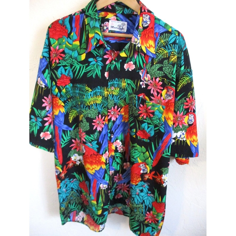 Monticerutti Loud Hawaiian Aloha Shirt Size XXL Jungle Birds on Black
